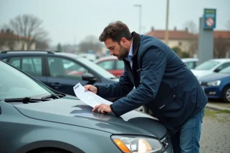 Un homme français examine les documents d'un véhicule d'occasion dans un marché automobile en Italie