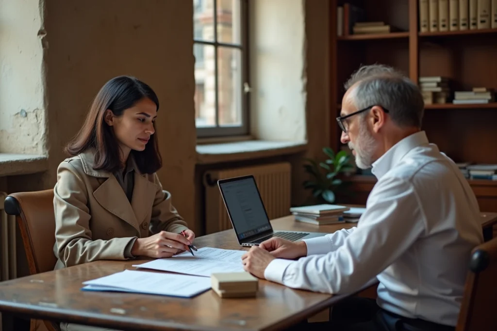 Une Française signe un contrat d'achat de voiture dans un bureau administratif en Italie avec un agent local