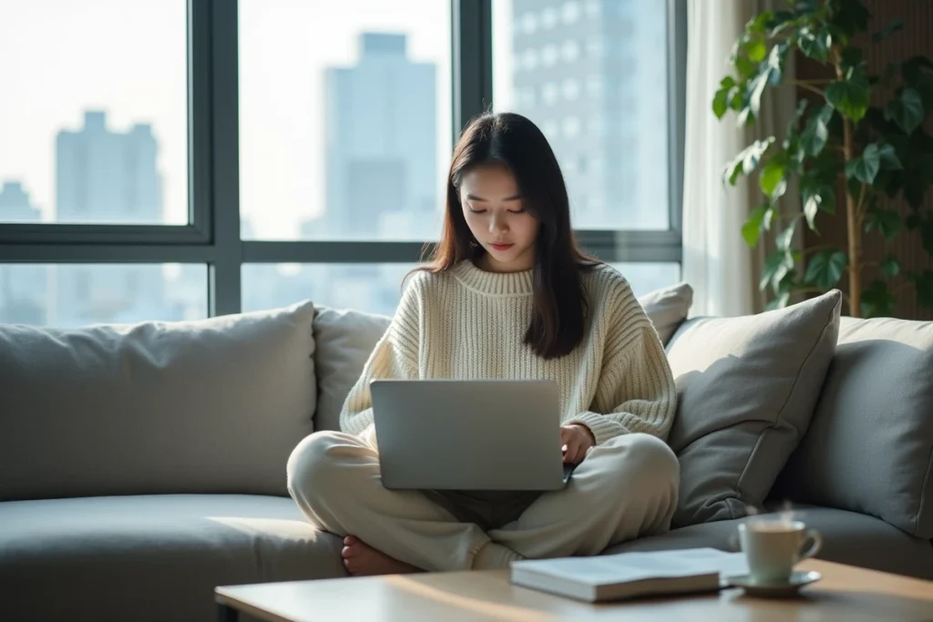 Jeune femme lisant des scans de manga sur ordinateur portable dans un appartement moderne