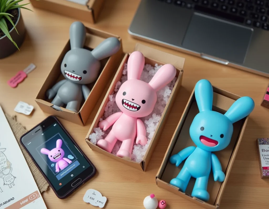 Vue à plat de trois figurines Labubu en édition limitée sortant de leurs boîtes mystère avec un smartphone affichant un unboxing TikTok