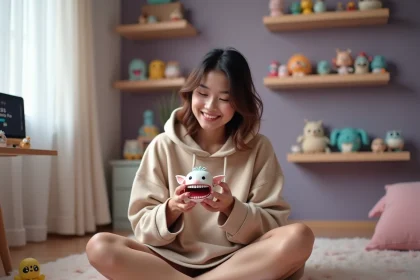 Jeune femme tenant une figurine Labubu en vinyle dans sa chambre décorée de jouets collectibles, avec TikTok visible en arrière-plan
