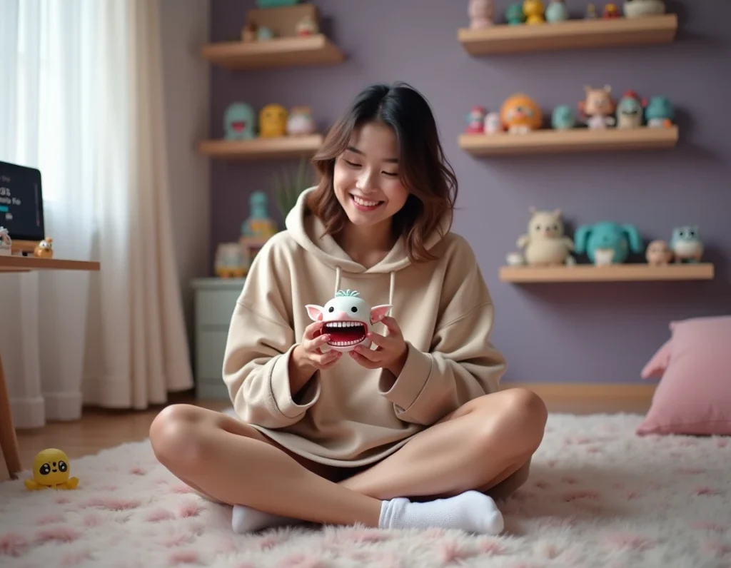 Jeune femme tenant une figurine Labubu en vinyle dans sa chambre décorée de jouets collectibles, avec TikTok visible en arrière-plan
