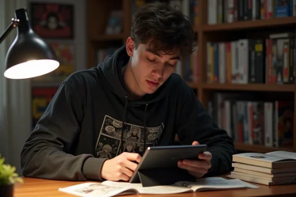 Jeune homme lisant un scan de manga Black Clover sur tablette dans une chambre décorée de volumes manga