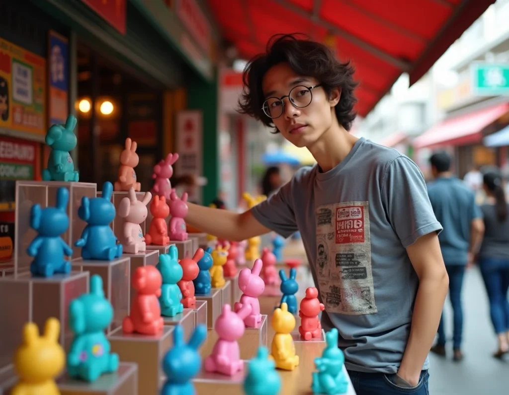 Stand de marché urbain présentant une collection de figurines Labubu en vinyle colorées, avec un vendeur arrangeant les jouets collectibles