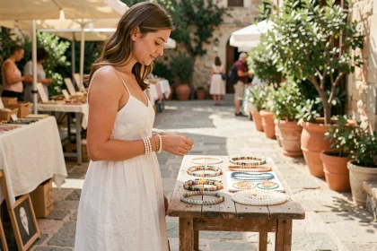 Jeune femme en robe de lin blanche essayant des bracelets en perles artisanaux sur un marché méditerranéen ensoleillé