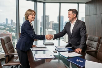 Deux cadres d'entreprise signant un accord d'acquisition dans une salle de réunion moderne avec vue sur la ville