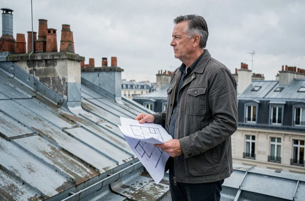 Futur acquéreur sur la toiture terrasse d'un immeuble haussmannien parisien évaluant les parties communes de la copropriété