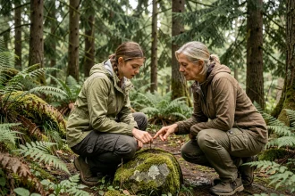 Adolescente et adulte observant une plante sauvage lors d'une randonnée en forêt
