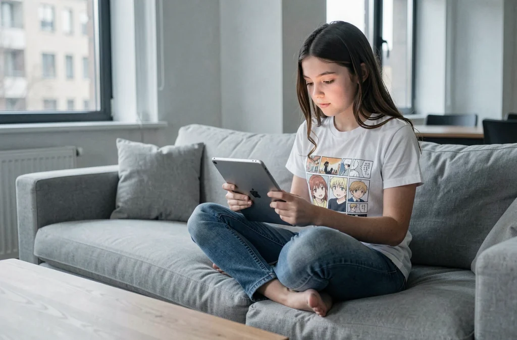 Adolescente lisant un manga en ligne sur une tablette assise sur un canapé dans un salon moderne