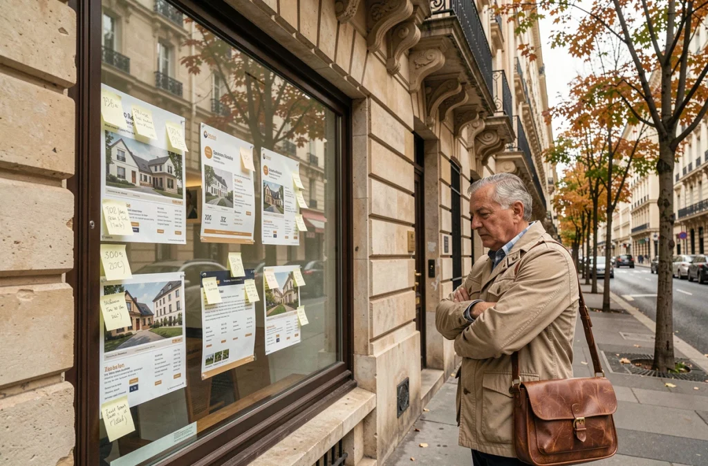 Propriétaire consultant les annonces immobilières d'une agence face aux nouvelles règles fiscales de 2024