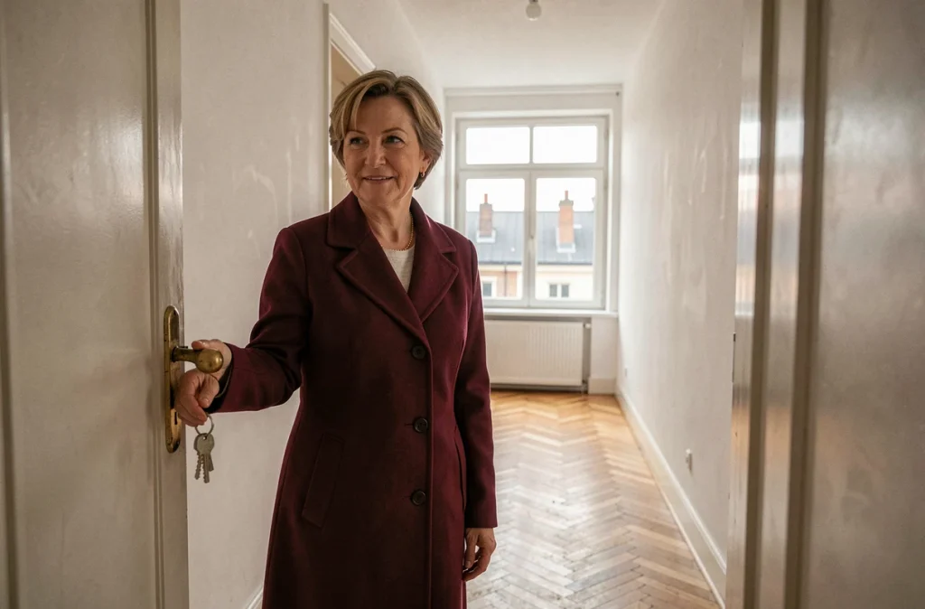 Agent immobilier ouvrant la porte d'un appartement rénové en centre-ville pour de la location