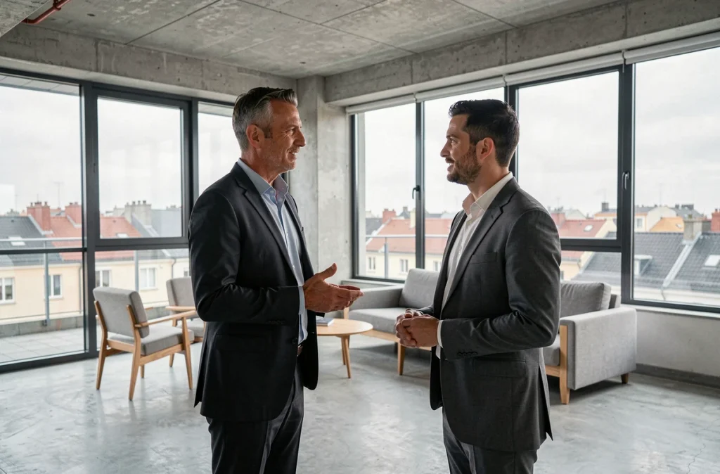 Agent immobilier présentant un appartement locatif moderne à un investisseur lors d'une visite en milieu urbain