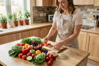 Femme préparant un assortiment coloré de fruits, légumes et céréales complètes pour une alimentation variée et équilibrée