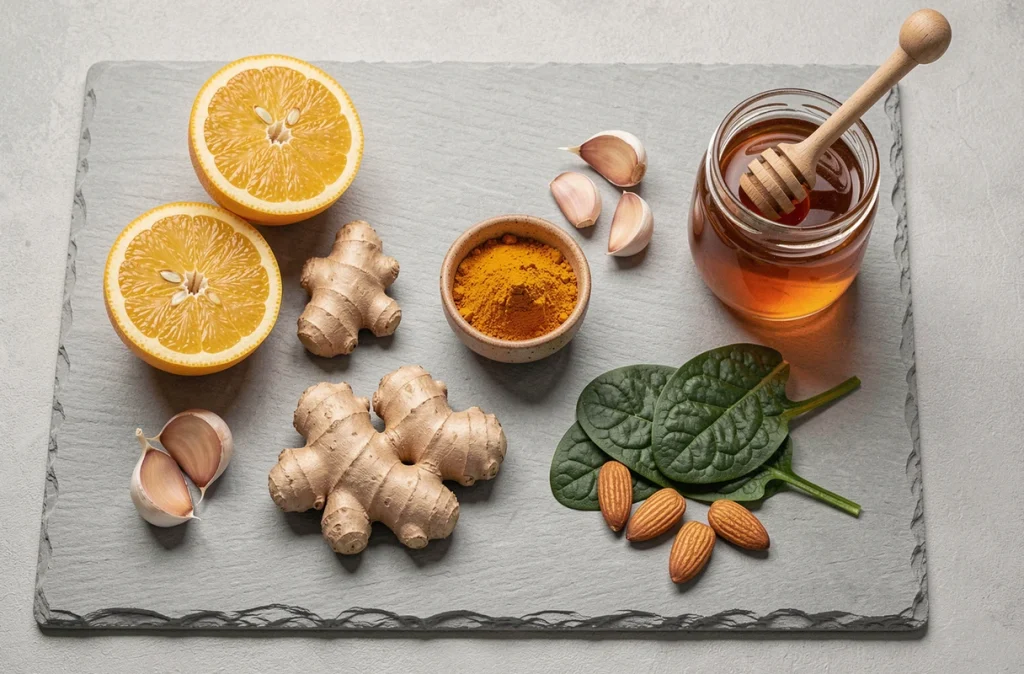 Assortiment d'aliments immunostimulants disposés en flat lay : agrumes, gingembre, curcuma, épinards, ail et miel naturel