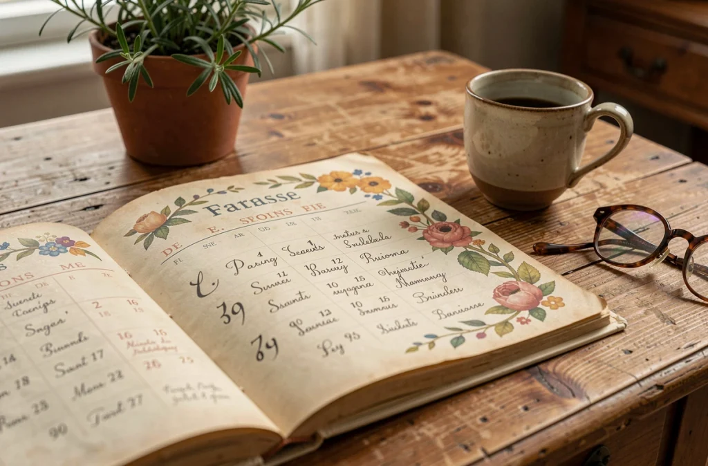 Almanach français ouvert sur un bureau en chêne montrant les fêtes du calendrier