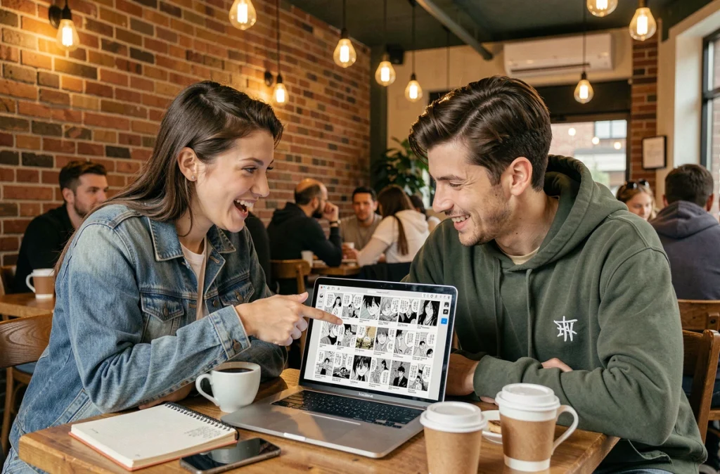 Deux amis découvrant ensemble la plateforme Phénix Scan sur un ordinateur portable dans un café décontracté