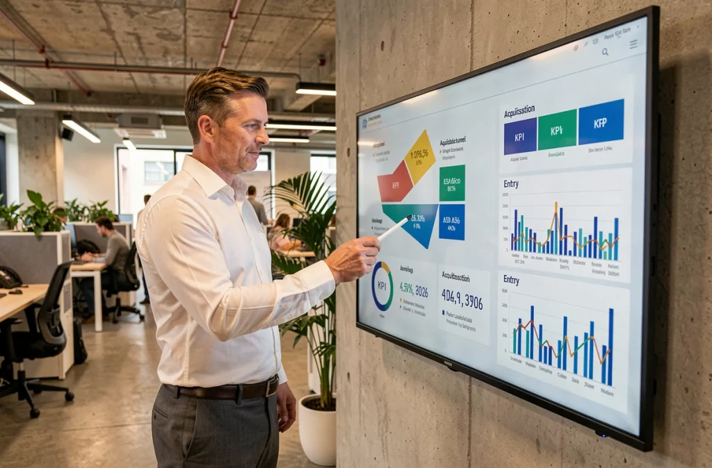 Analyste en entreprise présentant des données stratégiques sur l'acquisition client devant un écran de visualisation