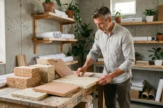 Architecte examinant des échantillons de matériaux de construction écologiques comme le chanvre, le liège et le mycélium dans un atelier