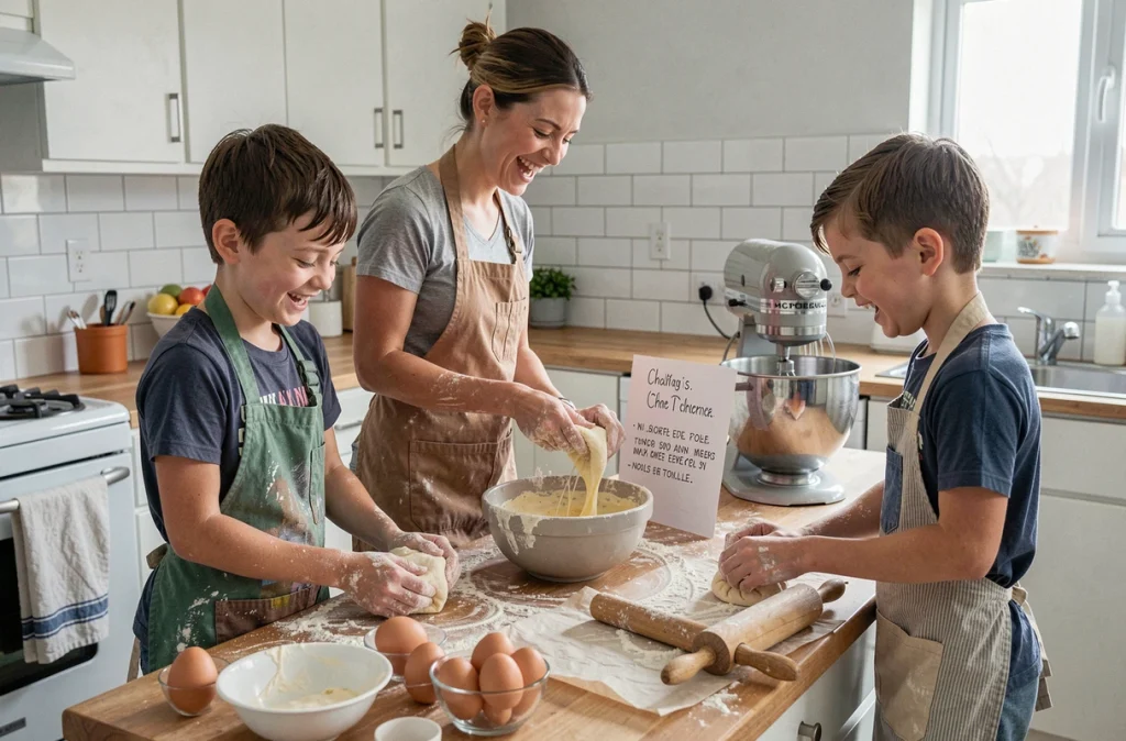 Un parent et deux enfants en tablier faisant de la pâtisserie ensemble avec un défi imposé, entourés de farine et d'ustensiles de cuisine