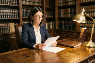 Avocate professionnelle en bureau relisant une lettre juridique formelle posée sur un bureau en bois avec des livres de droit en arrière-plan