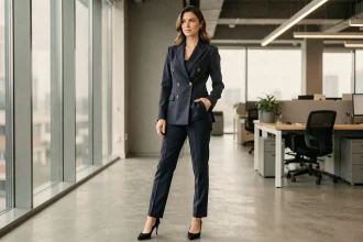 Femme portant un blazer croisé marine structuré au bureau, silhouette élégante et professionnelle