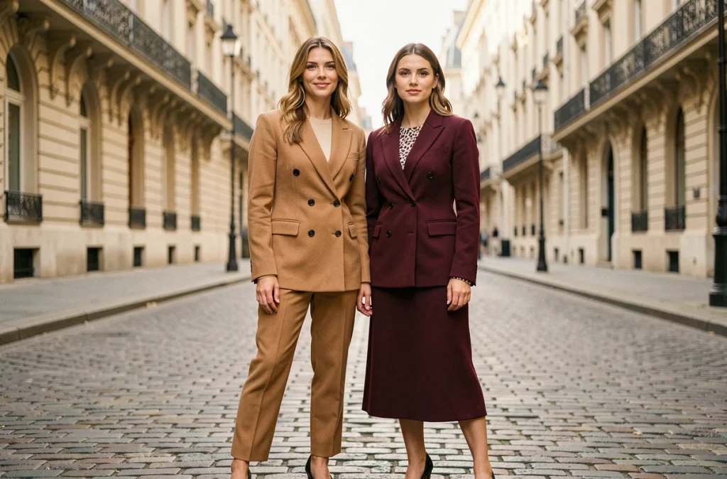 Deux femmes portant des blazers croisés de couleurs différentes dans une rue parisienne, looks bureau et soirée polyvalents
