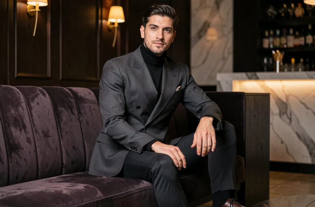 Homme en blazer croisé anthracite lors d'une soirée élégante, style chic et structuré