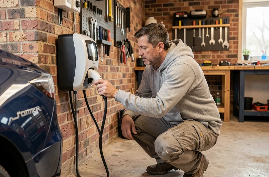 Homme inspectant une borne de recharge domestique murale dans un garage résidentiel avec une berline électrique