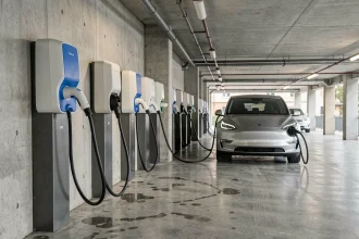 Rangée de bornes de recharge pour véhicules électriques dans un parking urbain couvert avec une SUV électrique branchée