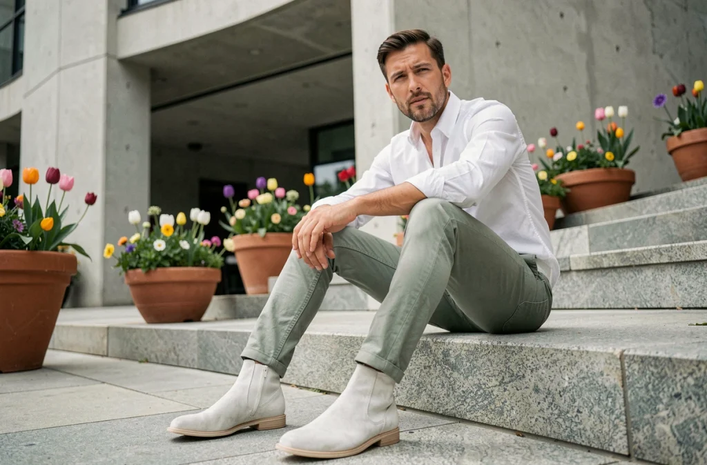 Homme en bottines blanches en daim et chino vert sauge assis sur des marches urbaines modernes au printemps