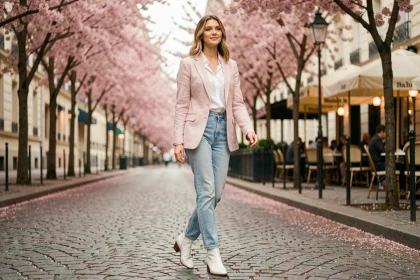 Femme portant des bottines blanches en cuir avec un jean et un blazer pastel dans une rue pavée parisienne au printemps