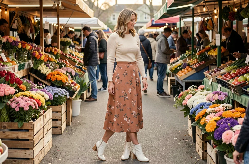 Femme en bottines blanches à talon bloc et jupe midi fleurie dans un marché en plein air animé au printemps