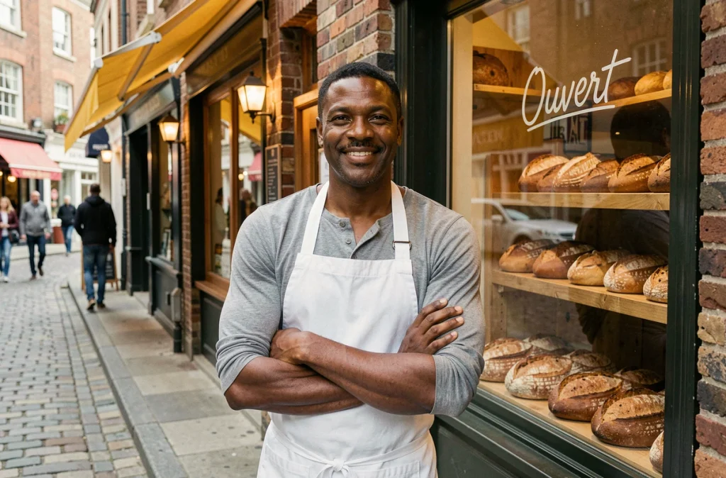 Un boulanger artisan devant sa boutique financée grâce au microcrédit dans une rue commerçante
