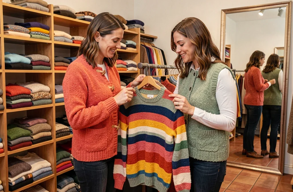 Deux femmes choisissent des pulls en maille colorée dans une boutique de mode hivernale, cardigan rouge corail et gilet vert sauge