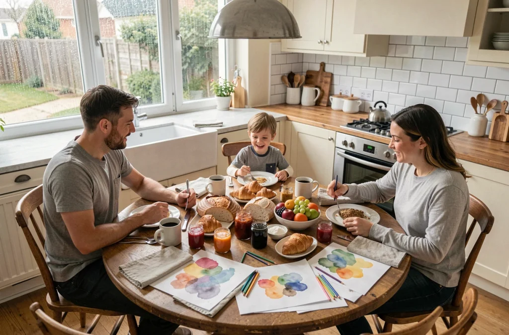 Famille attablée pour un brunch dominical prolongé avec des viennoiseries, puis des feuilles de dessin aquarelle pour un atelier créatif calme