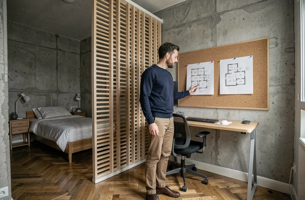 Homme debout près d'un bureau mural escamotable dans un studio parisien réaménagé pour le télétravail avec cloison séparatrice