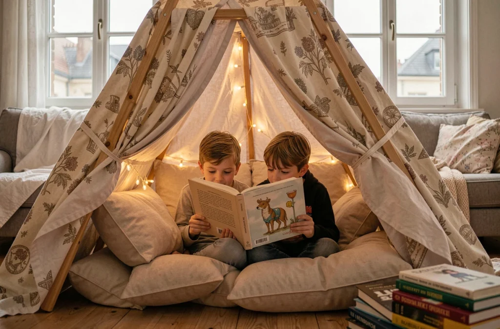 Deux enfants blottis dans une cabane de salon faite de draps et de coussins, écoutant un parent lire à voix haute un livre illustré