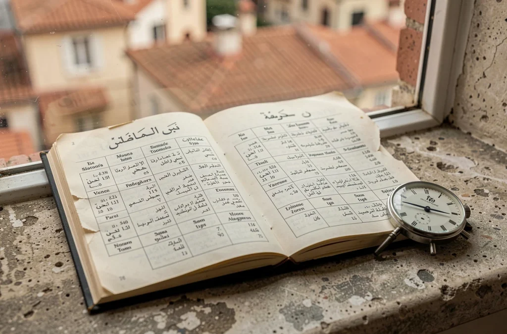 Calendrier des prières islamiques et montre analogique posés sur un rebord de fenêtre avec vue sur les toits de Nice