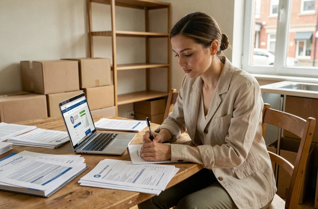 Femme effectuant les démarches administratives de changement d'adresse pour son véhicule sur un ordinateur portable avant un déménagement