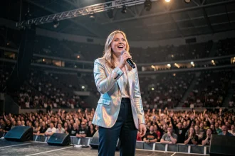 Chanteuse canadienne sur scène dans une grande arène lors d'un concert international en 2026