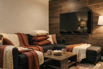 Coin cinéma maison cosy avec canapé sectionnel gris anthracite, plaids en maille épaisse et télévision murale dans un salon moderne aux tons chauds