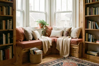 Coin lecture cosy aménagé dans une alcôve de fenêtre avec coussins en lin, livres et étagères en bois