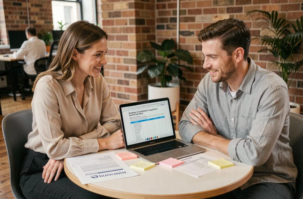 Deux jeunes professionnels collaborant sur la définition et la stratégie d'acquisition en entreprise dans un espace de coworking