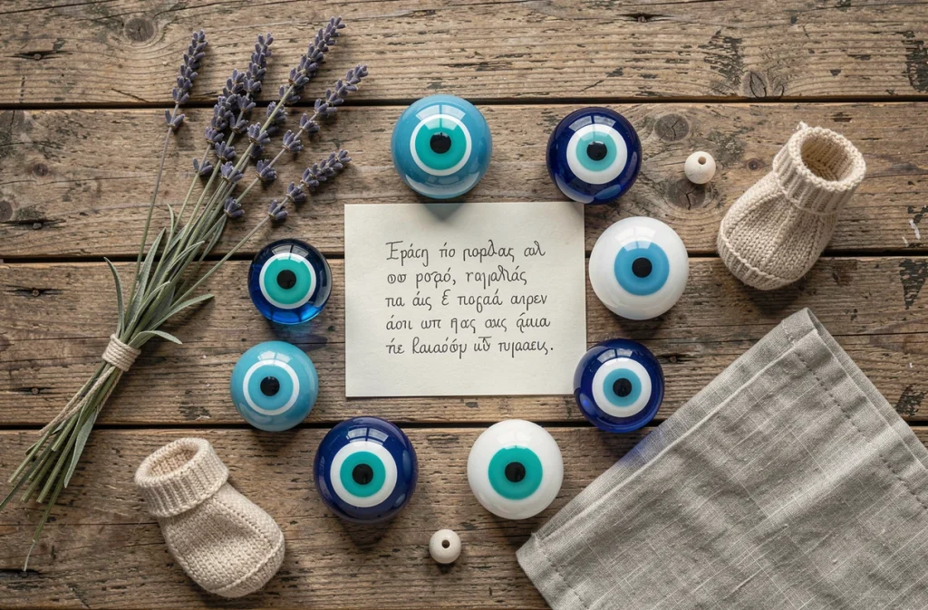 Vue de dessus d'une collection d'amulettes oeil grec en verre bleu et turquoise sur une table en bois avec accessoires bébé