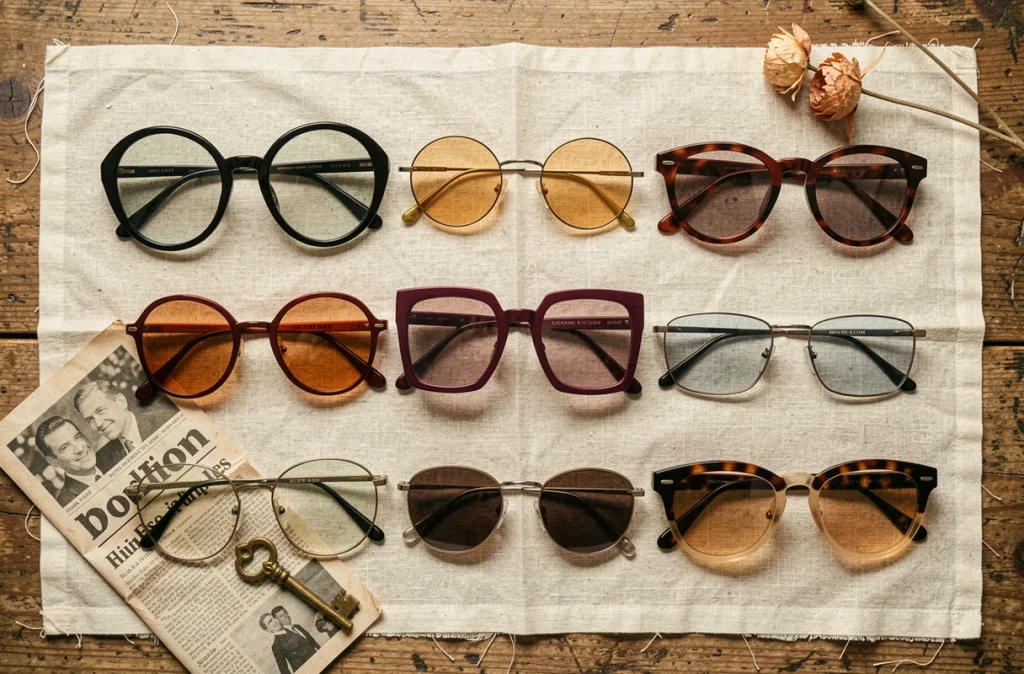 Collection de lunettes de soleil rétro vintage posées en flat lay sur lin naturel avec accessoires anciens