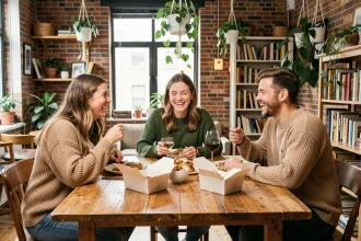 Trois colocataires partageant un repas autour d'une table en bois dans un appartement chaleureux et décoré