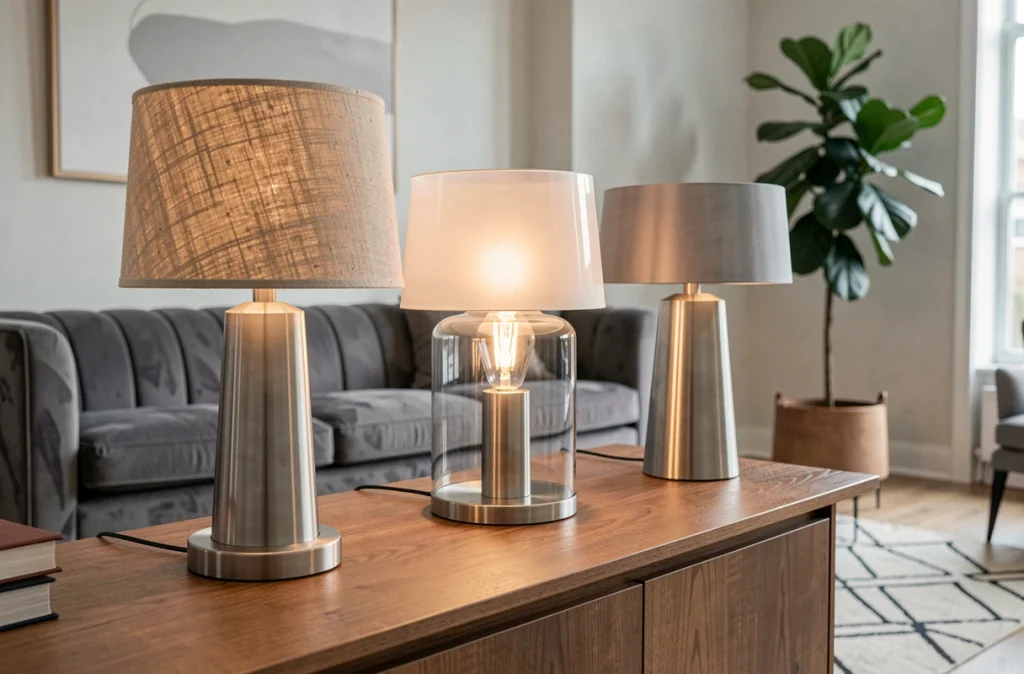 Trois lampes d'ambiance aux styles différents posées sur un meuble en bois dans un salon moderne pour comparer leurs designs