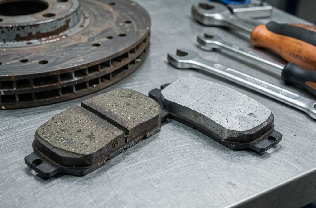 Comparaison entre une plaquette de frein usée et une plaquette neuve sur un établi de garage
