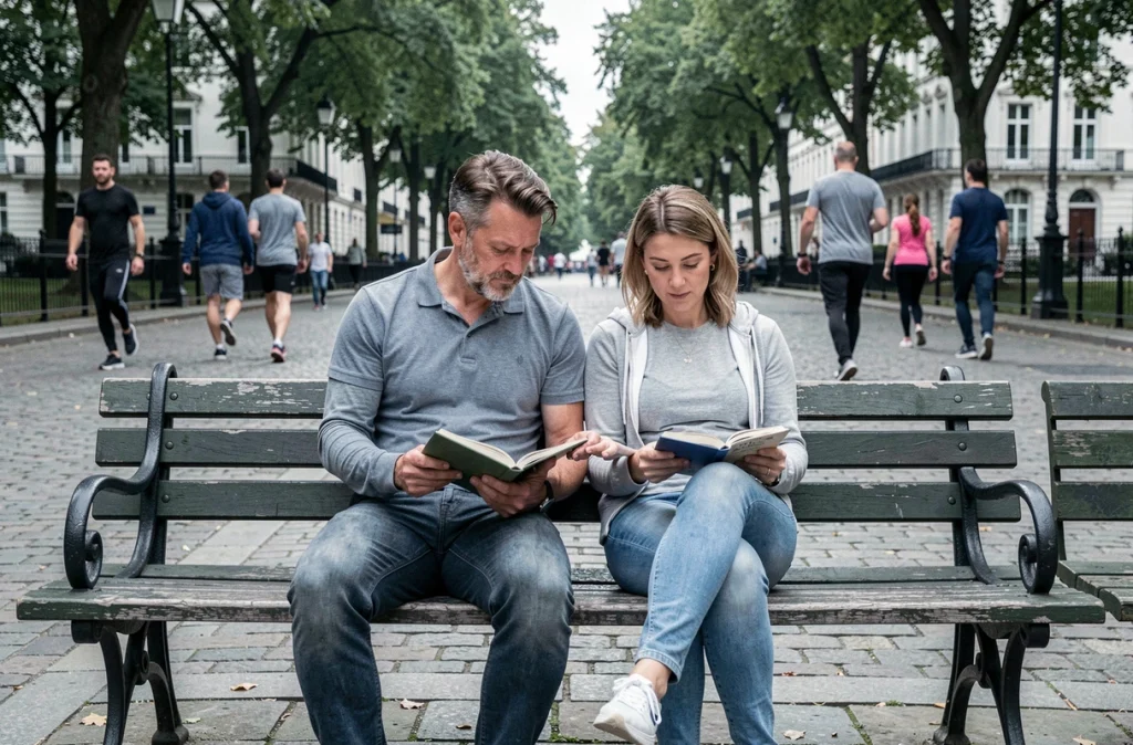 Homme et femme assis côte à côte sur un banc de parc urbain, complicité retenue et gestes discrets dans un espace public animé