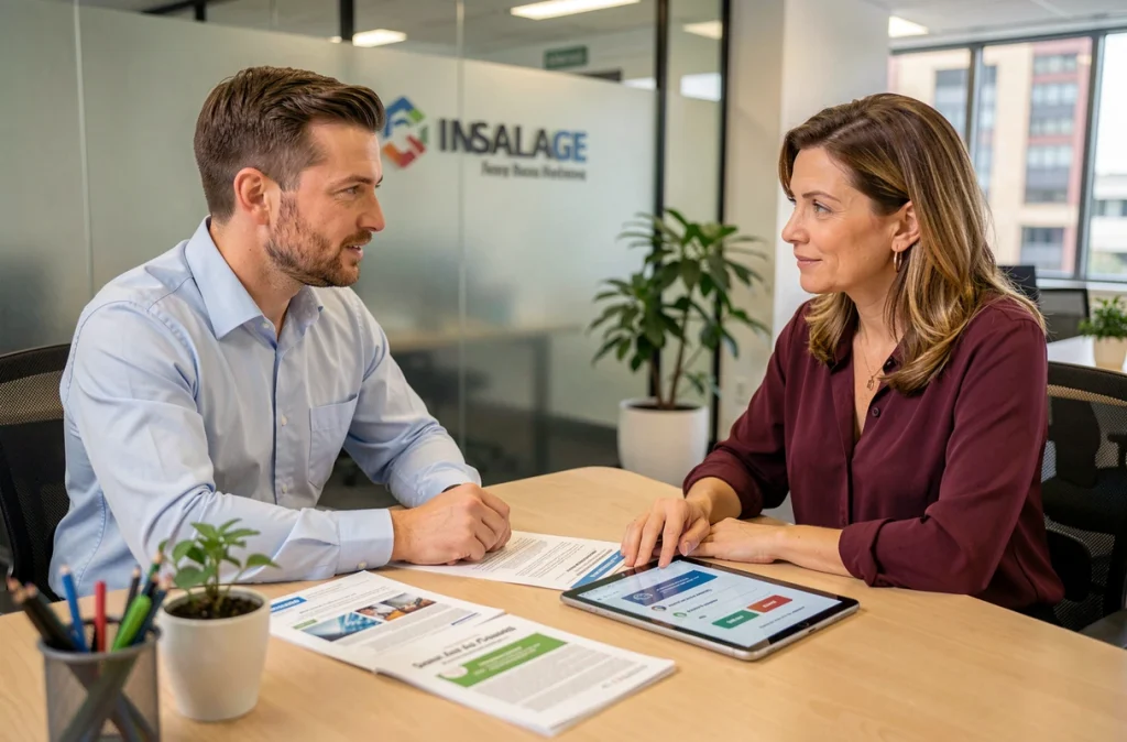 Conseiller en assurance auto expliquant les options de couverture à une cliente en agence